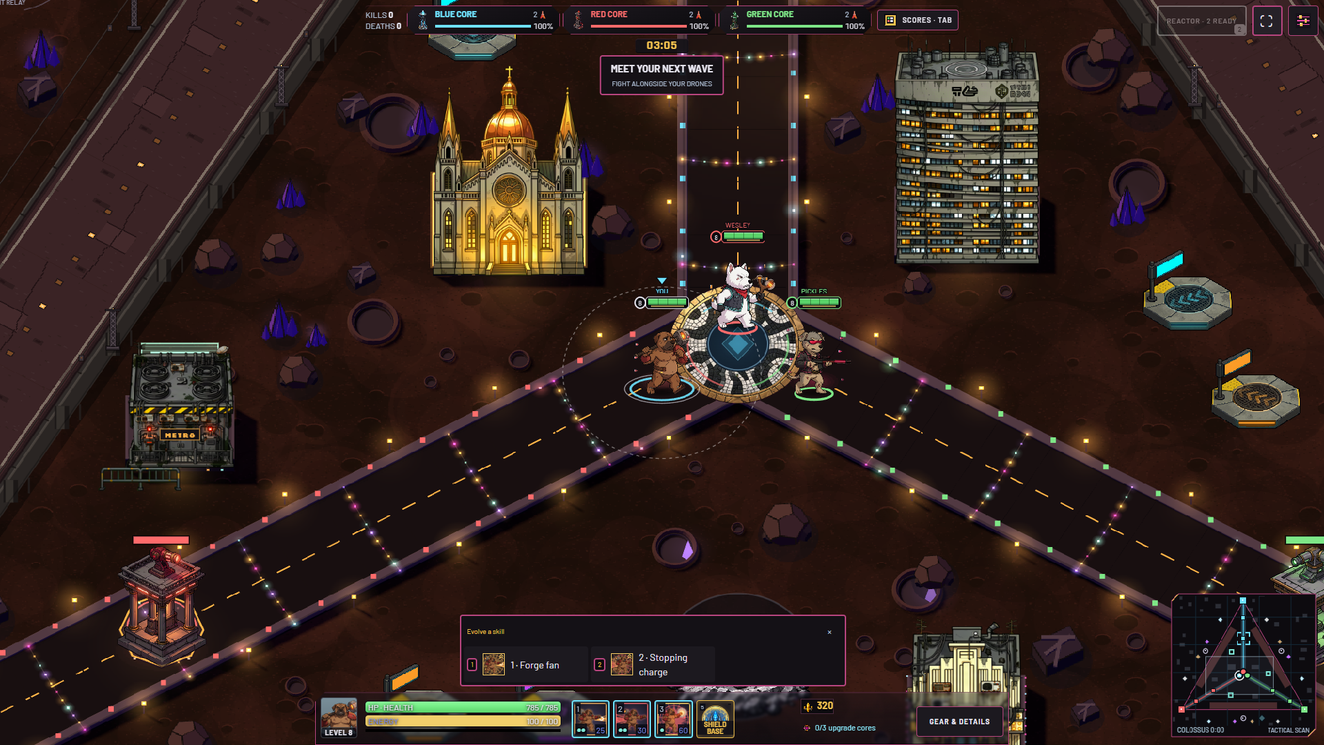 The 3D crater city, lit streets, magnetic tracks and combat at the lane crossing