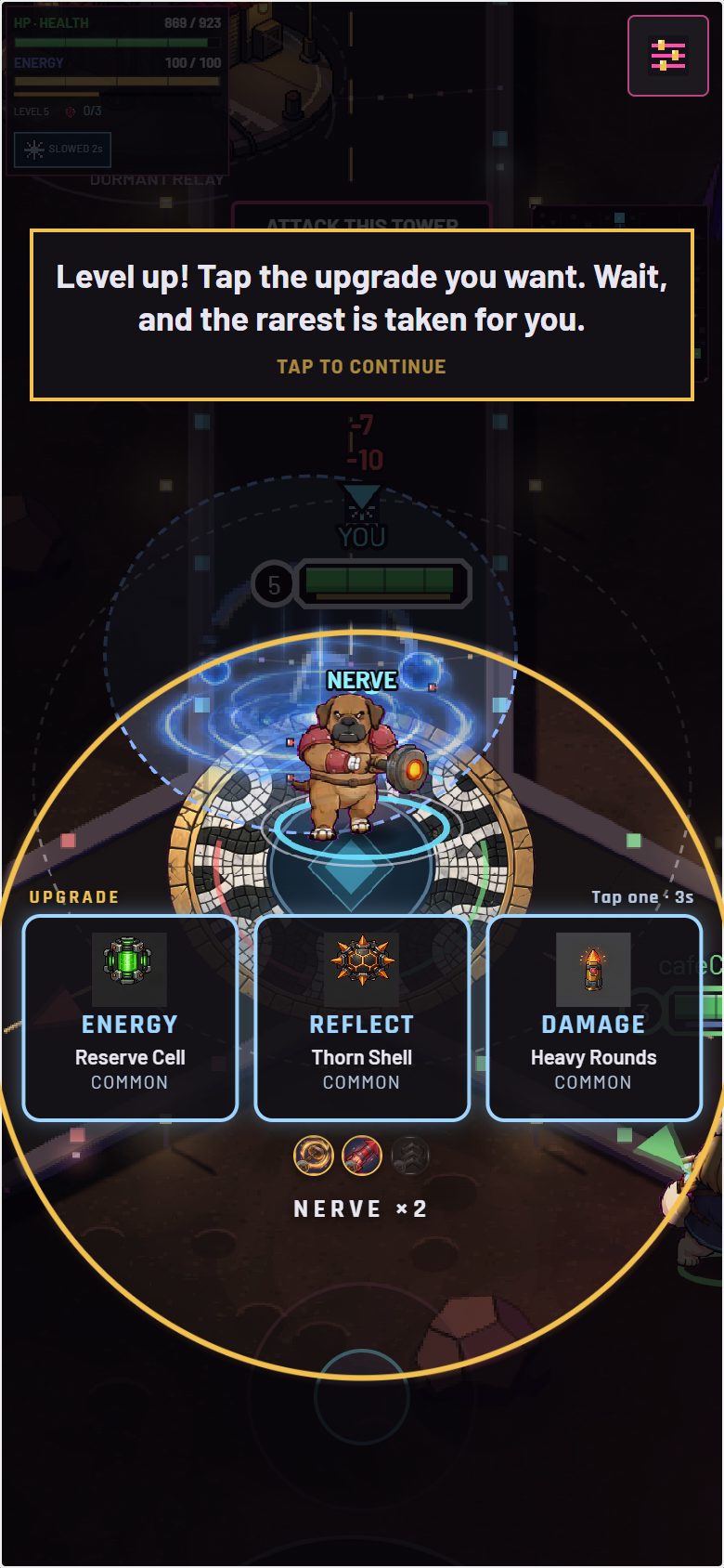Every other level-up offers three upgrade cards, each with a one-word tag. Tap the one you want, or the rarest is taken for you.