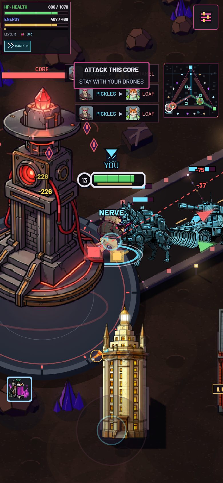 Walk to dodge, stand still to shoot. The marked relay is on your lane, and the dots over your thumb are your skills coming back.